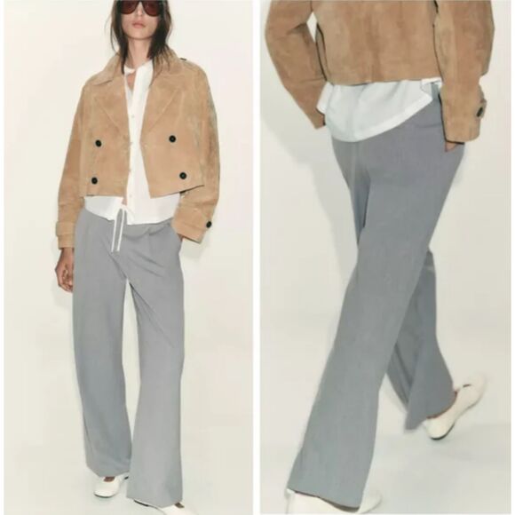 NWT Zara High Waist Gray Wide Leg Pants Drawstring Elastic Waist Sz S (Flaw) - Picture 1 of 11